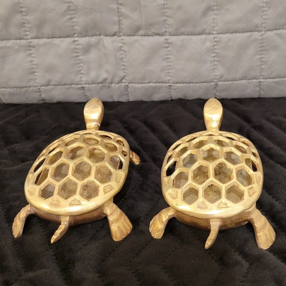 Vintage Brass Turtle Trinket Box Set (2pc) Honeycomb Lattice Shell Potpourri Fun